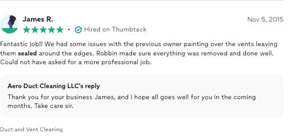 A five star Thumbtack review from James R. about vents that a previous owner had painted over